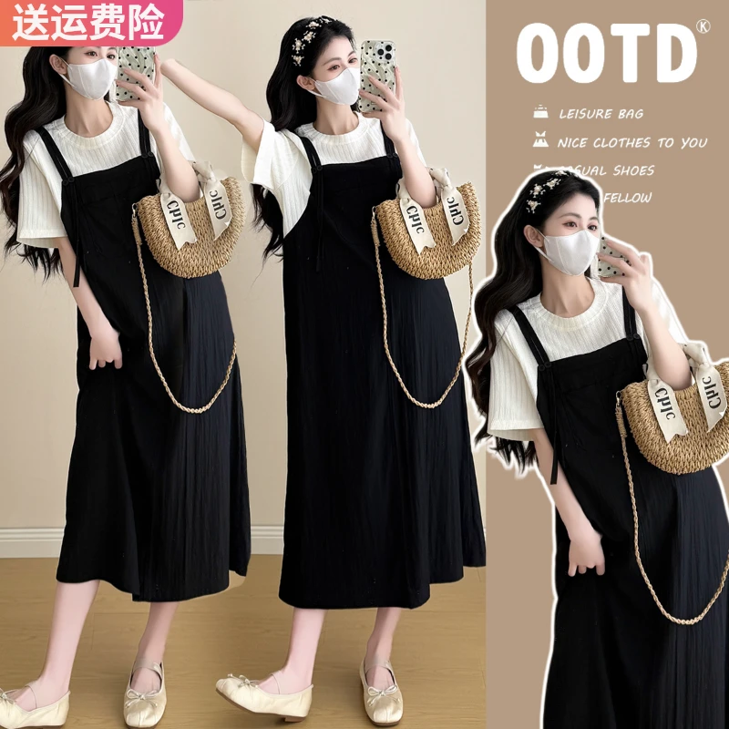 孕妇装夏季连衣裙拼接假两件气质T恤裙韩版宽松显瘦网红款连衣裙