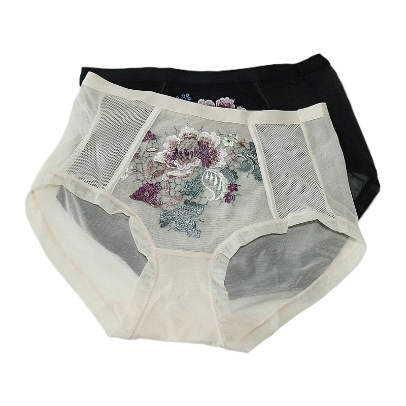 【睦言151-152】国风玫瑰花刺绣性感清透网纱中腰女士三角内裤