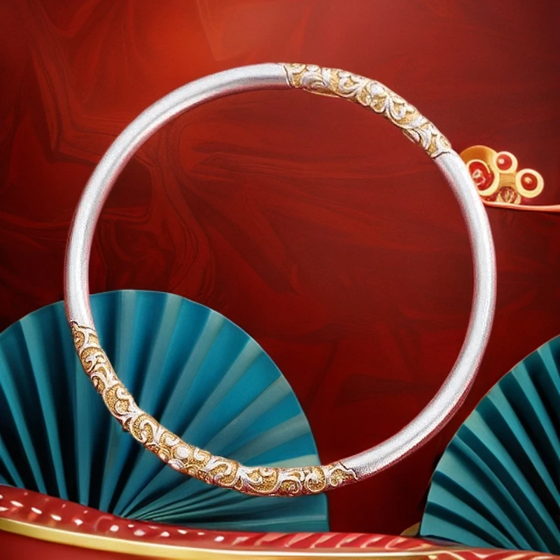 足银手镯 足银999卷草纹古法银手镯实心闭口银镯送女友礼物大方