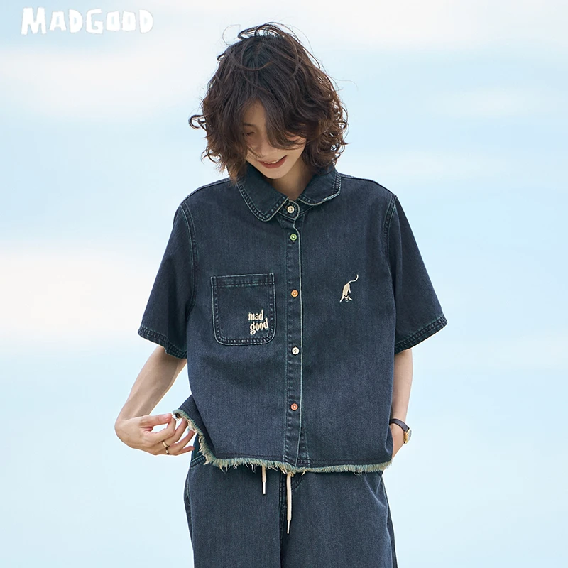 madgood马得工地日系宽松百搭小猫直筒牛仔长裤DCK2402157 splb