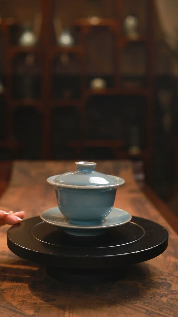 原矿天蓝釉元宝三才盖碗