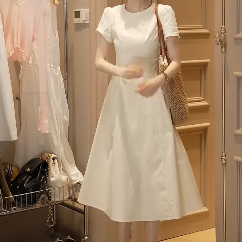 夏季时尚胖妹妹简约风淡黄连衣裙收腰掐腰显瘦甜美风气质风连衣裙