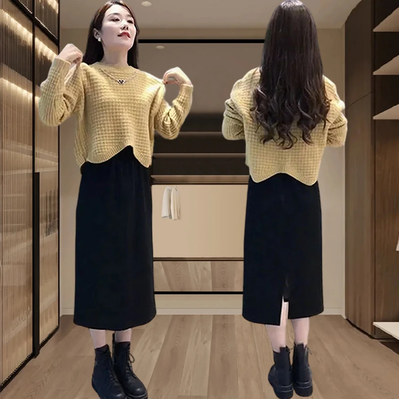 宽松洋气时尚气质套装女2025春秋季新款针织毛衣开叉半身裙两件套