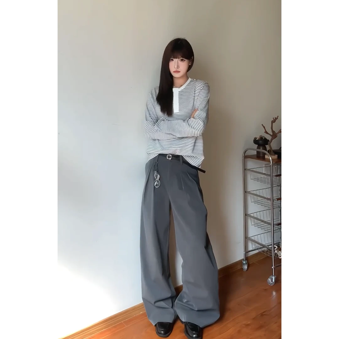 QIUYIDAODI条纹亨利领长袖男女秋季宽松休闲简约通勤复古情侣上衣
