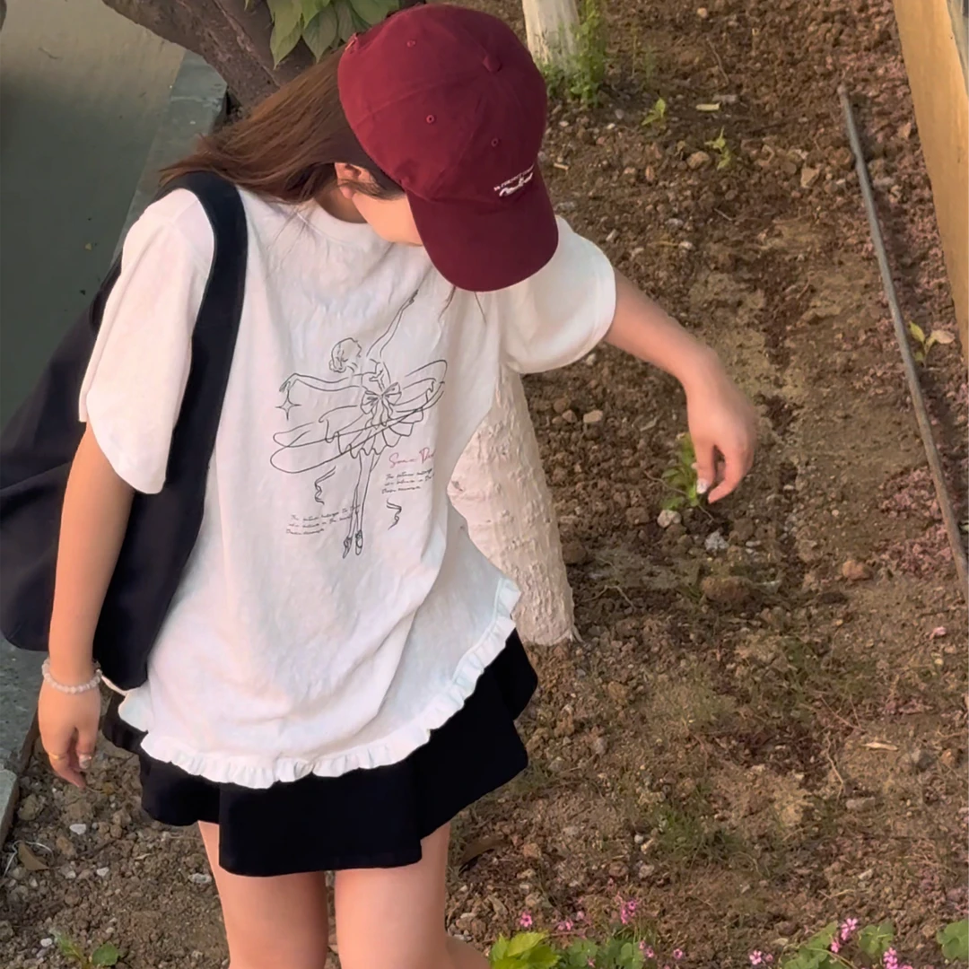 橘子罐头新款休闲百搭宽松ins韩版荷叶边两色印花T恤