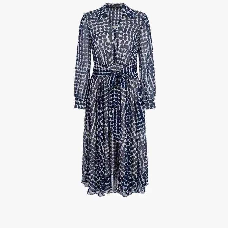 GXO2025初春新品衬衣V领绑带印花连衣裙LYQ0053