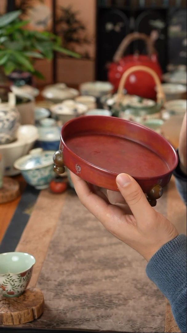 【闪购商品】立木堂紫铜大漆错银三足壶承