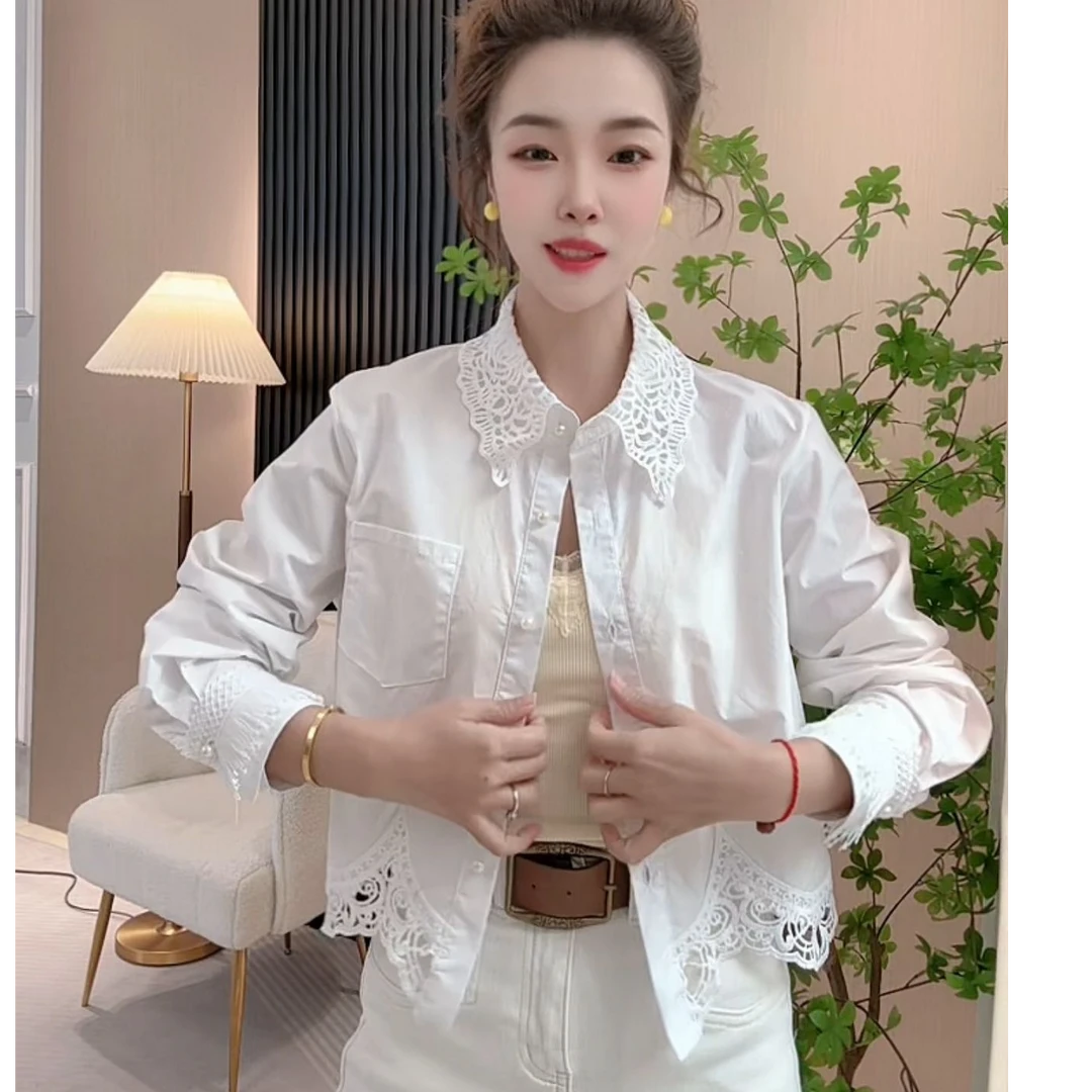 【白沐妍】新款设计感宽松韩版时尚重工镂空长袖衬衫#36171