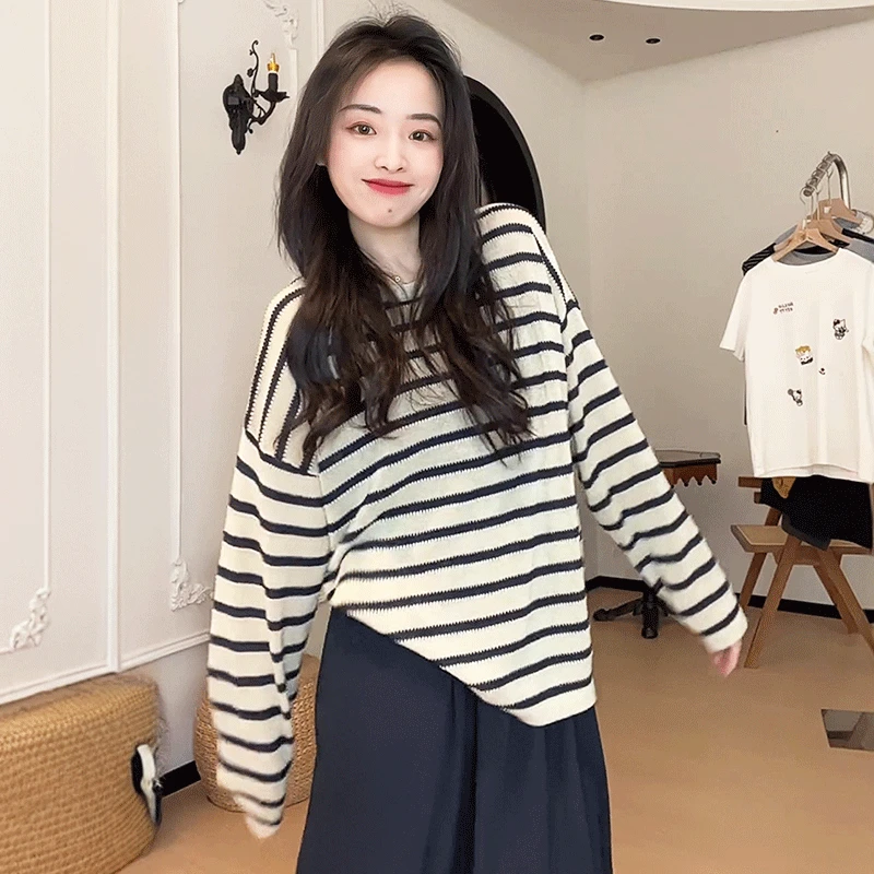 条纹薄款镂空针织衫女2025新款夏季宽松慵懒风显瘦针织罩衫上衣