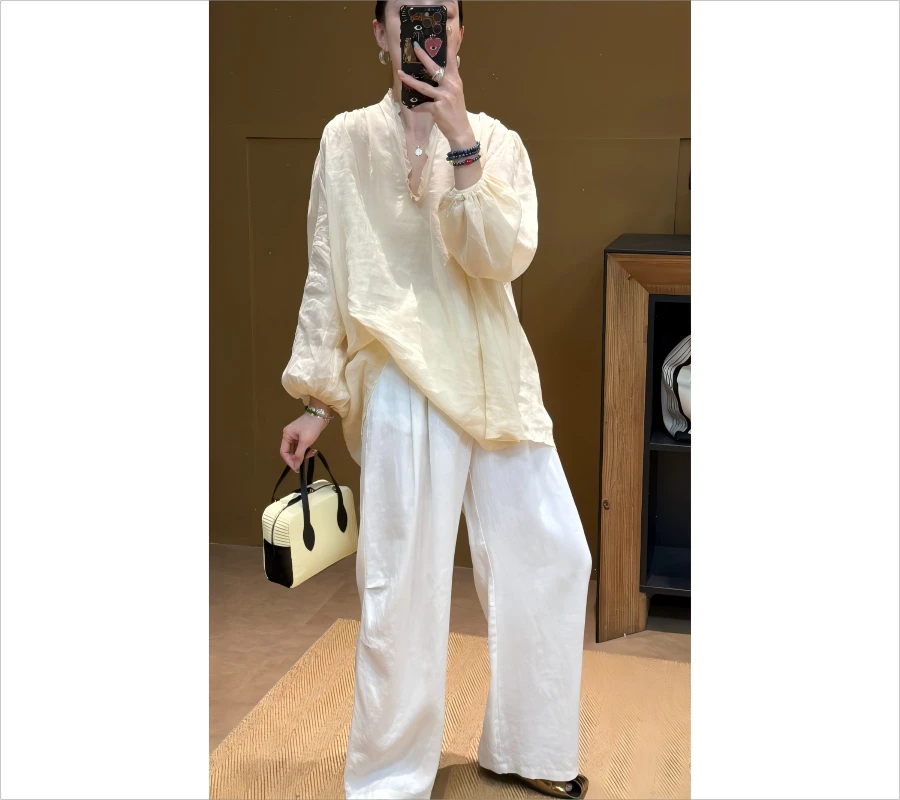 苎麻设计感深v气质薄款夏季宽松清凉感麻料防晒小衫*25W5Y0030