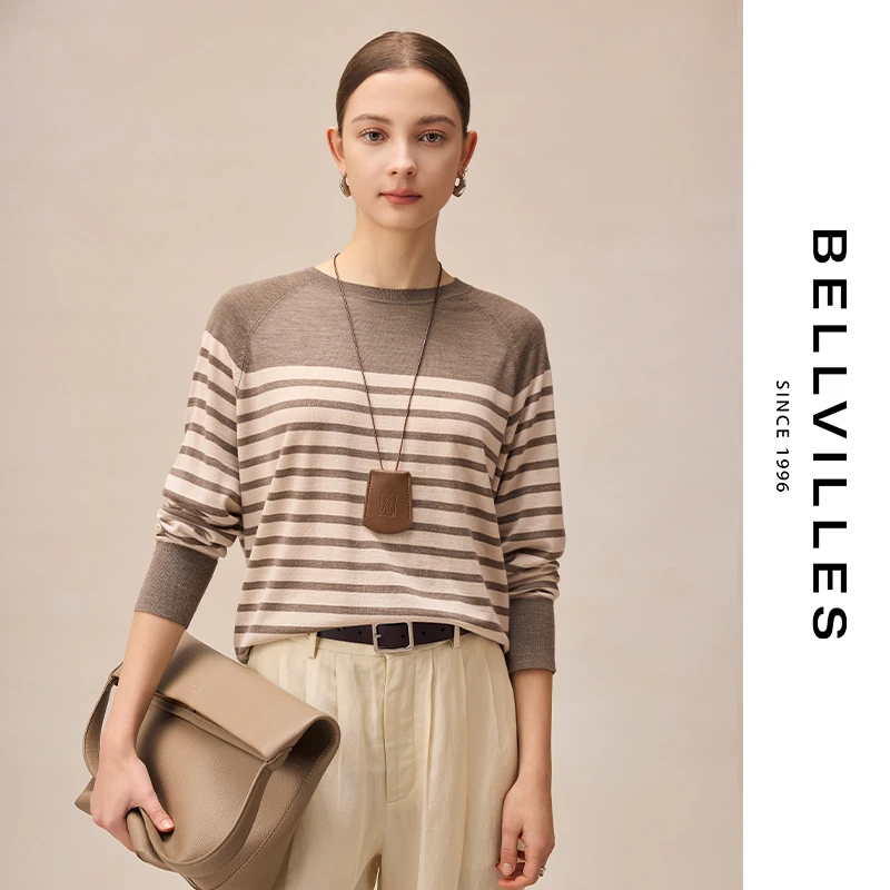 贝拉维拉春季时尚长袖针织衫100%绵羊毛精纺条纹圆领休闲上衣