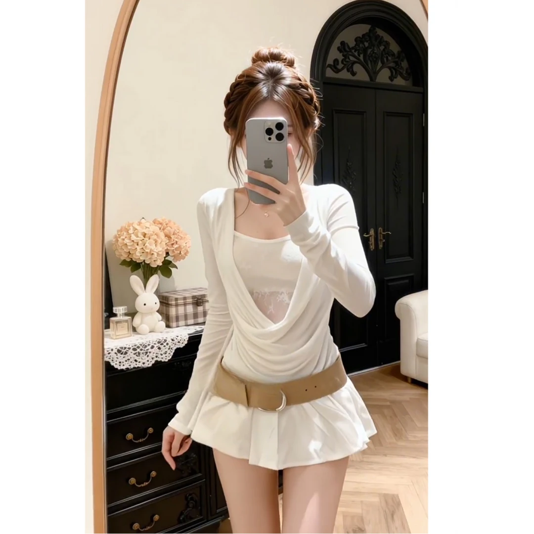 江浙沪千金穿搭纯欲性感小香风修身白色蕾丝拼接上衣半身裙套装女