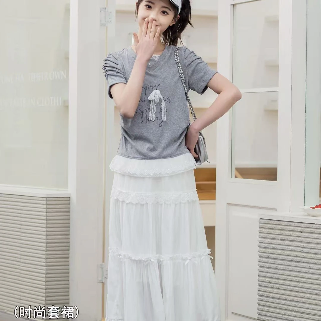 夏季新款女大童白裙子T恤两件套套裙常绪2510