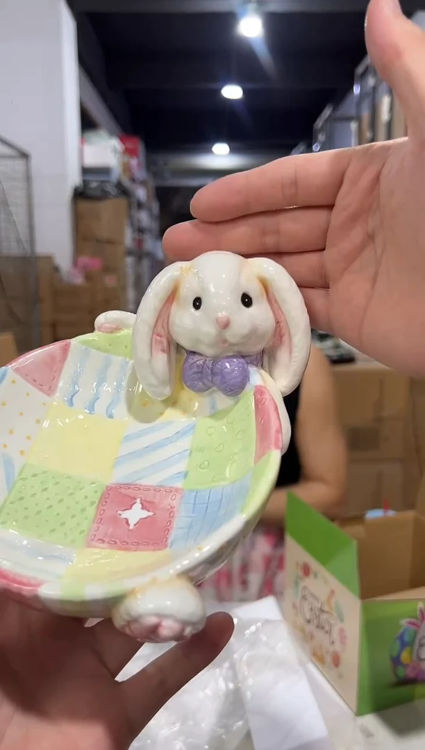 瓷片绿色原盒兔子糖果碗