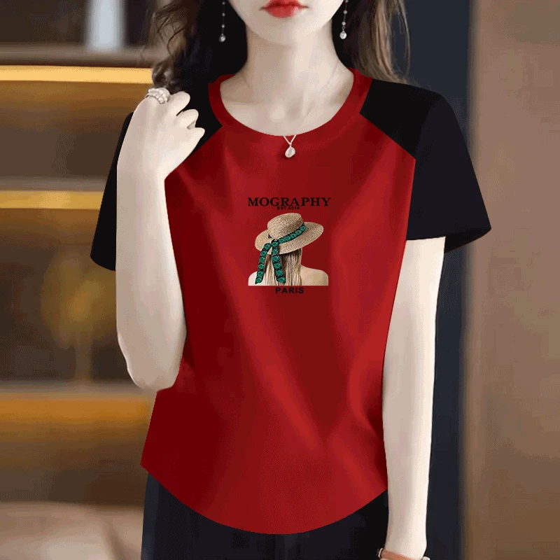 短袖纯棉个性女夏2025新款宽松大码简约休闲圆领印花遮肚体恤ins