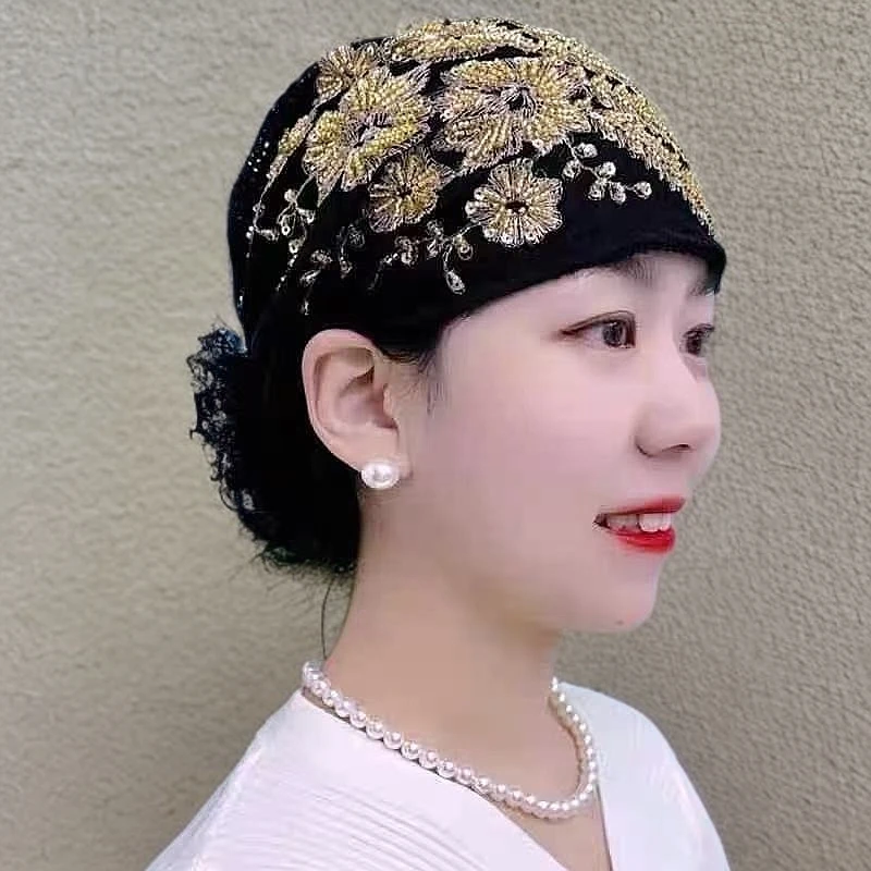 民族风凤尾花帽子洋气时尚妈妈款遮白发打底帽四季蕾丝包头帽女