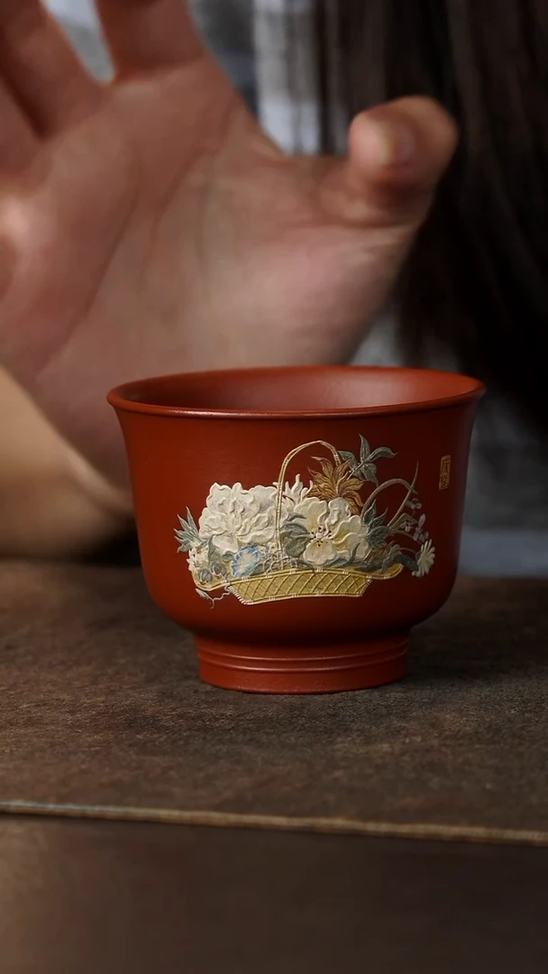 茶杯紫砂杯研所 百花清供图精品主人杯朱泥120cc
