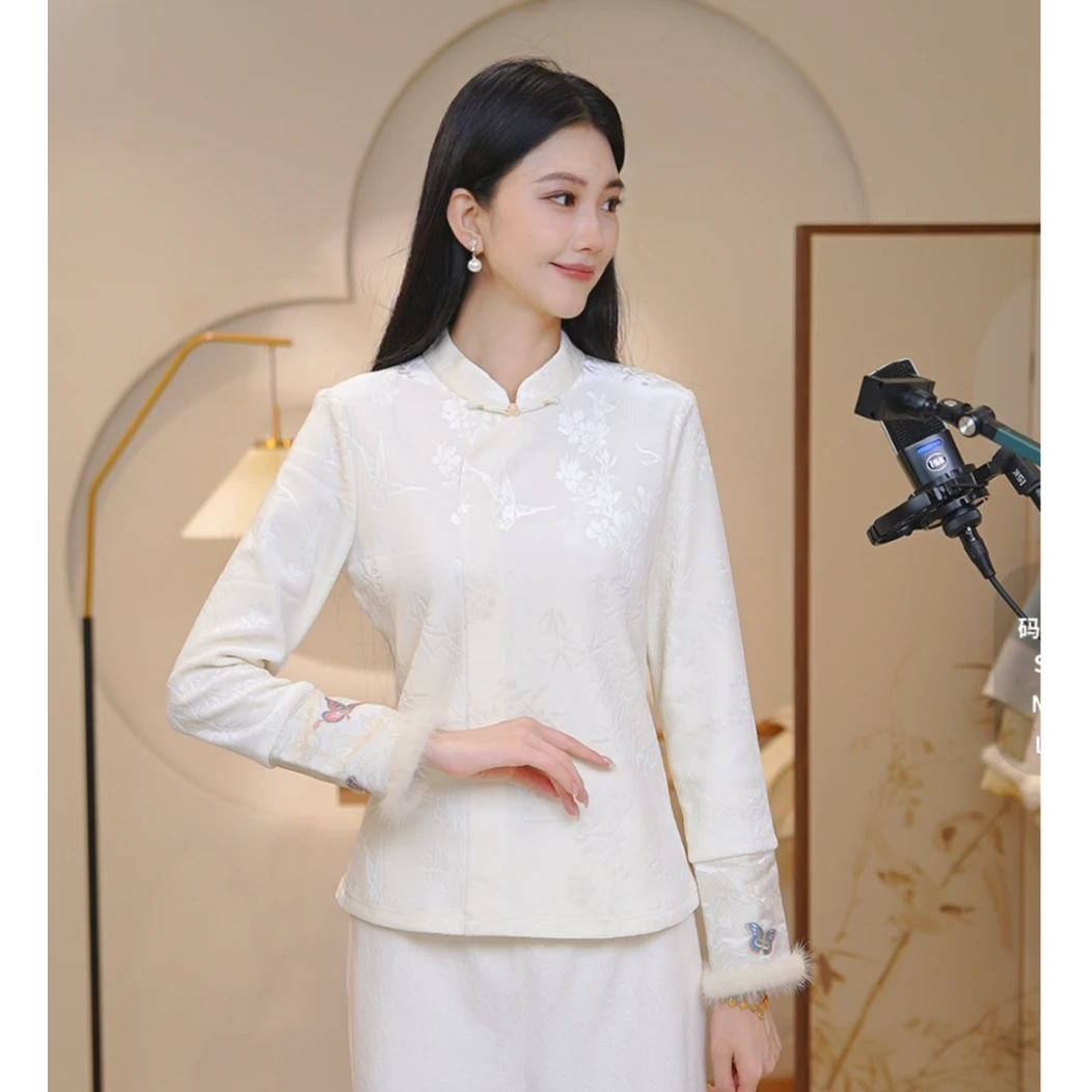 山有色设计师加绒加厚款拼接中国风斜襟提花基础百搭上衣2851