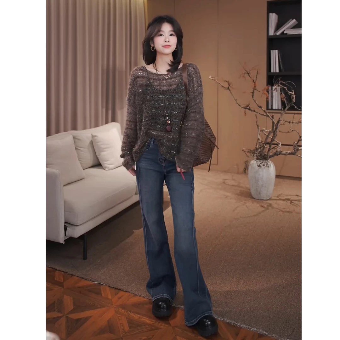 广州琴姐【织星星】琥珀流光风轻奢亮片圆领长袖针织衫毛衣女 35811