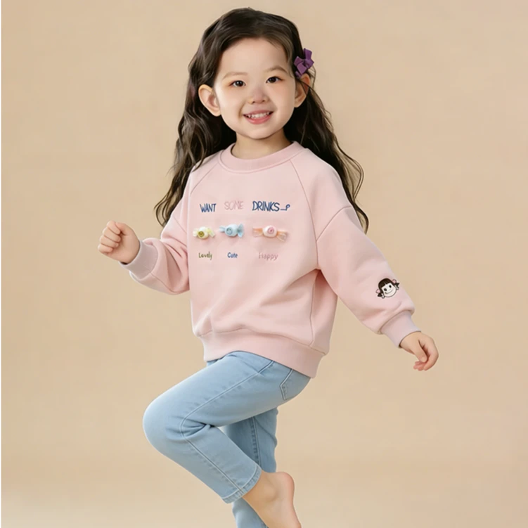 女童秋冬款洋气圆领加绒立体糖果小女孩刺绣可爱休闲卫衣31958