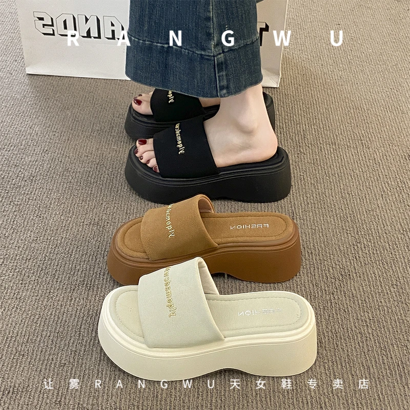 夏季厚底拖鞋增高一字带松糕底高跟纯色防滑沙滩鞋凉拖鞋