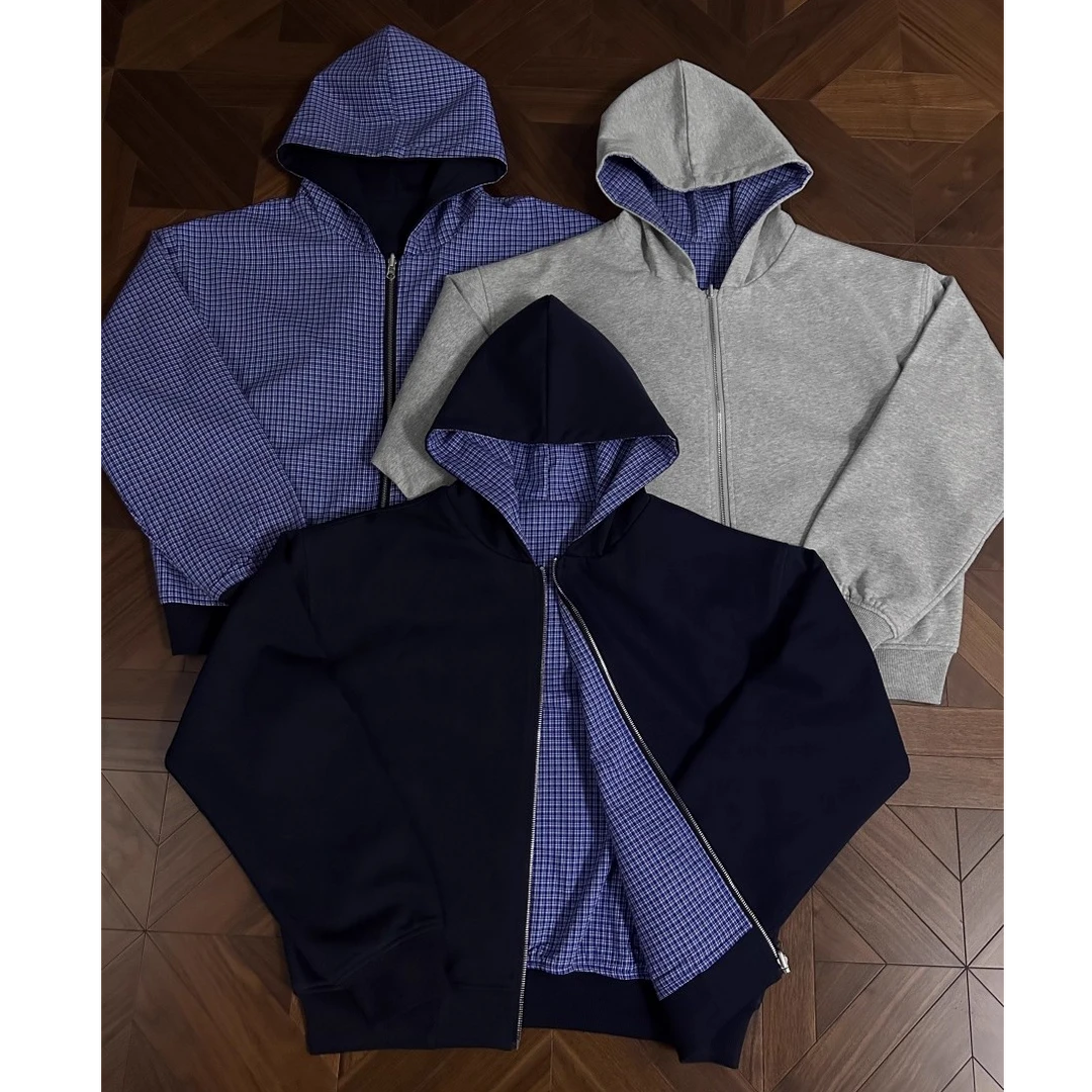 2-300斤特大码藏蓝格纹双面穿拉链卫衣男女秋冬复古连帽开衫外套