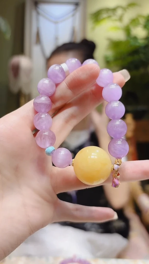 【闪购商品】锂辉石手串18K金镶嵌蜜蜡顶珠财神紫锂辉手串