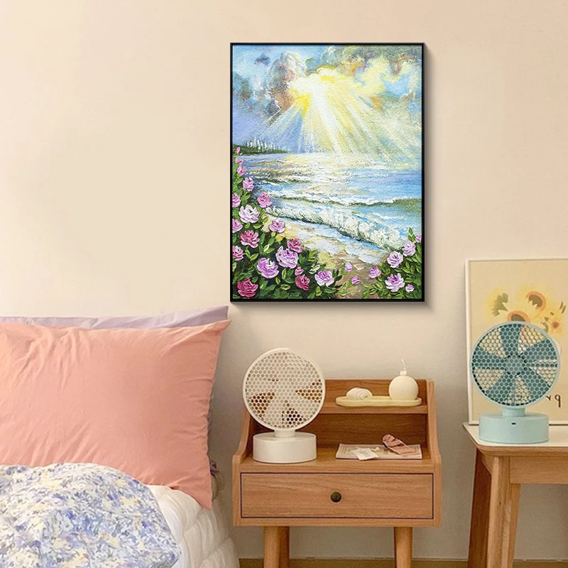 现代简约手工油画风景玄关装饰画客厅肌理画海上日出走廊挂海418