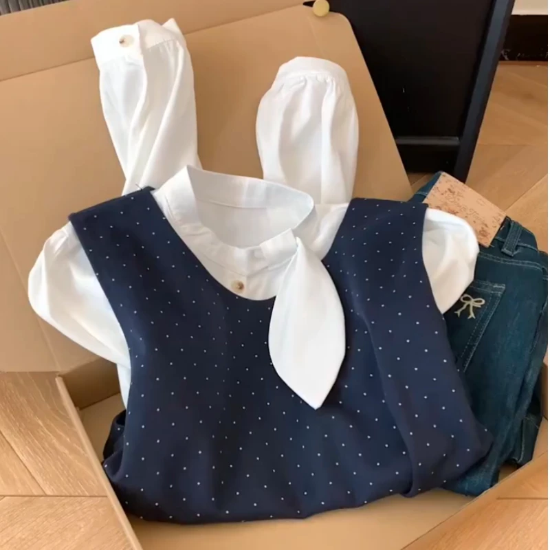 2025复古波点背心马甲女春秋冬送腰带叠穿外搭坎肩无袖马夹两件套