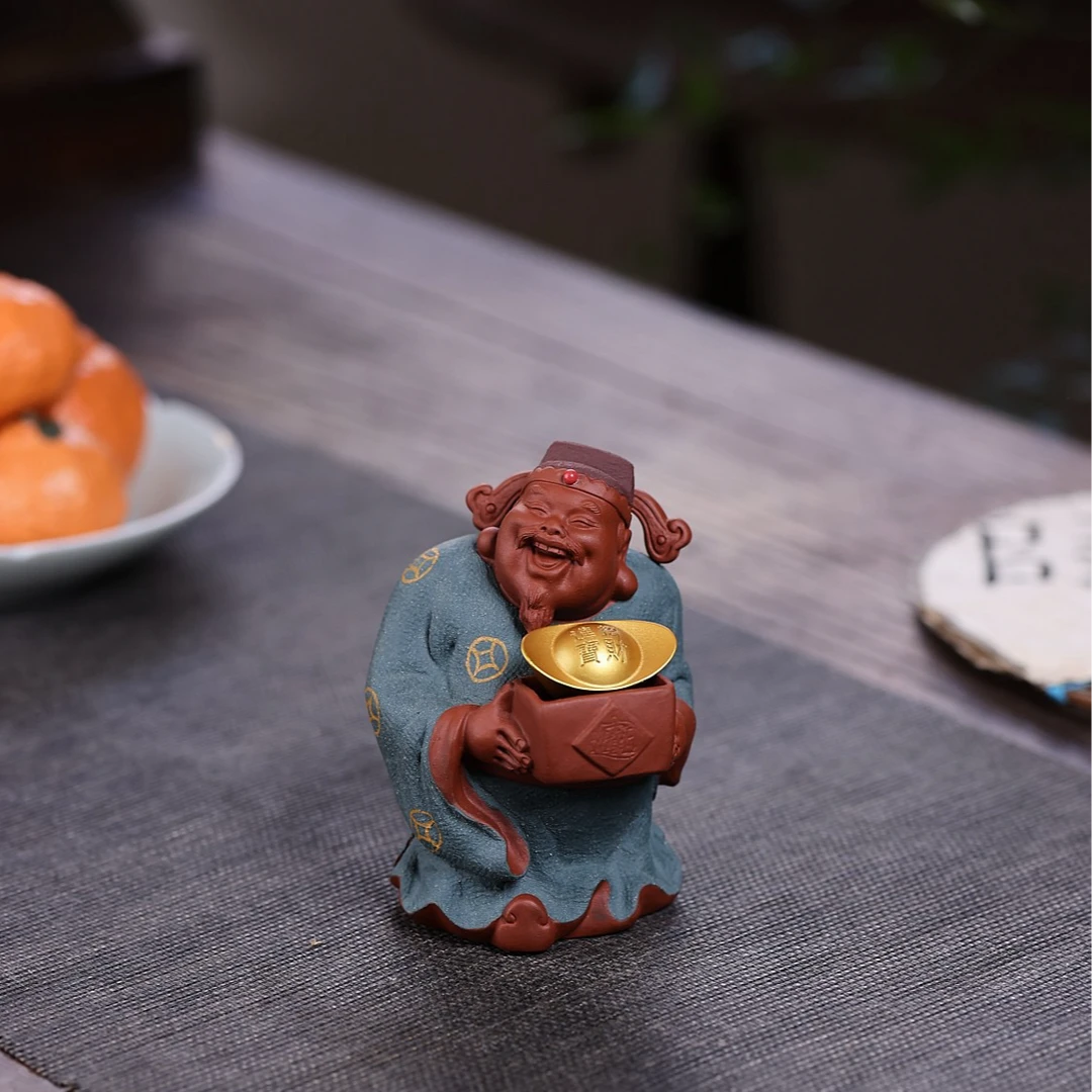 宜兴紫砂财神茶宠摆件手工雕塑原矿双色粉浆高端意境摆件礼品套装