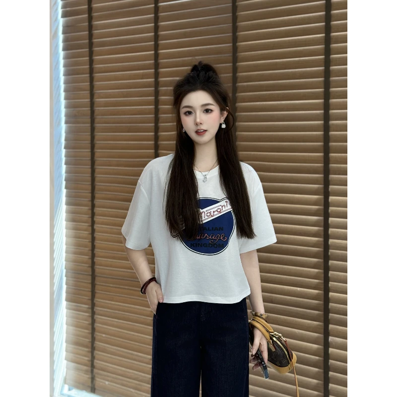 宿慕SUMU 夏季短袖T恤2025新款5-28韩版百搭休闲圆领印花上衣1217
