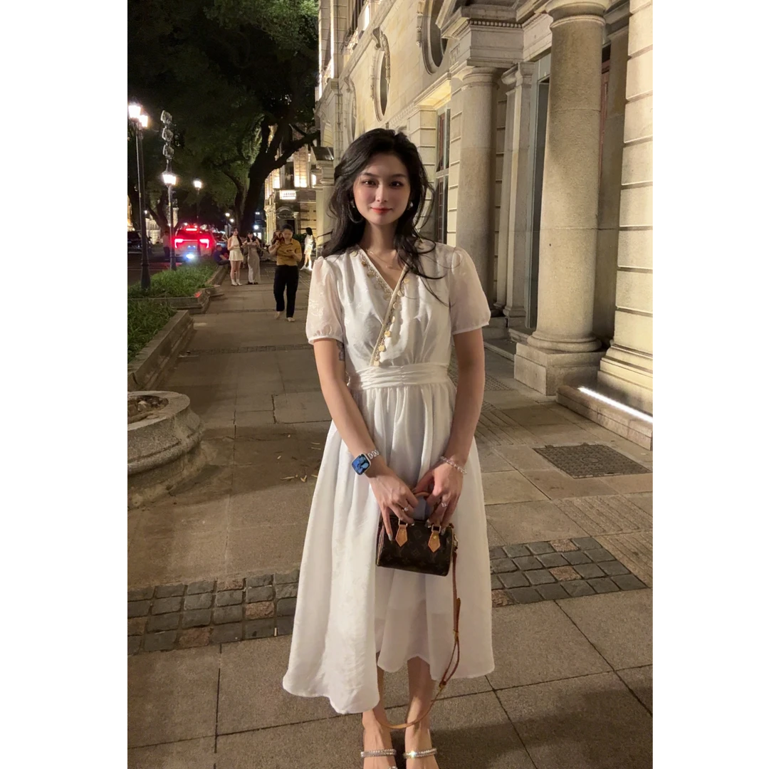 【九九专属】夏日度假风休闲中长裙V领贝壳连气质衣裙