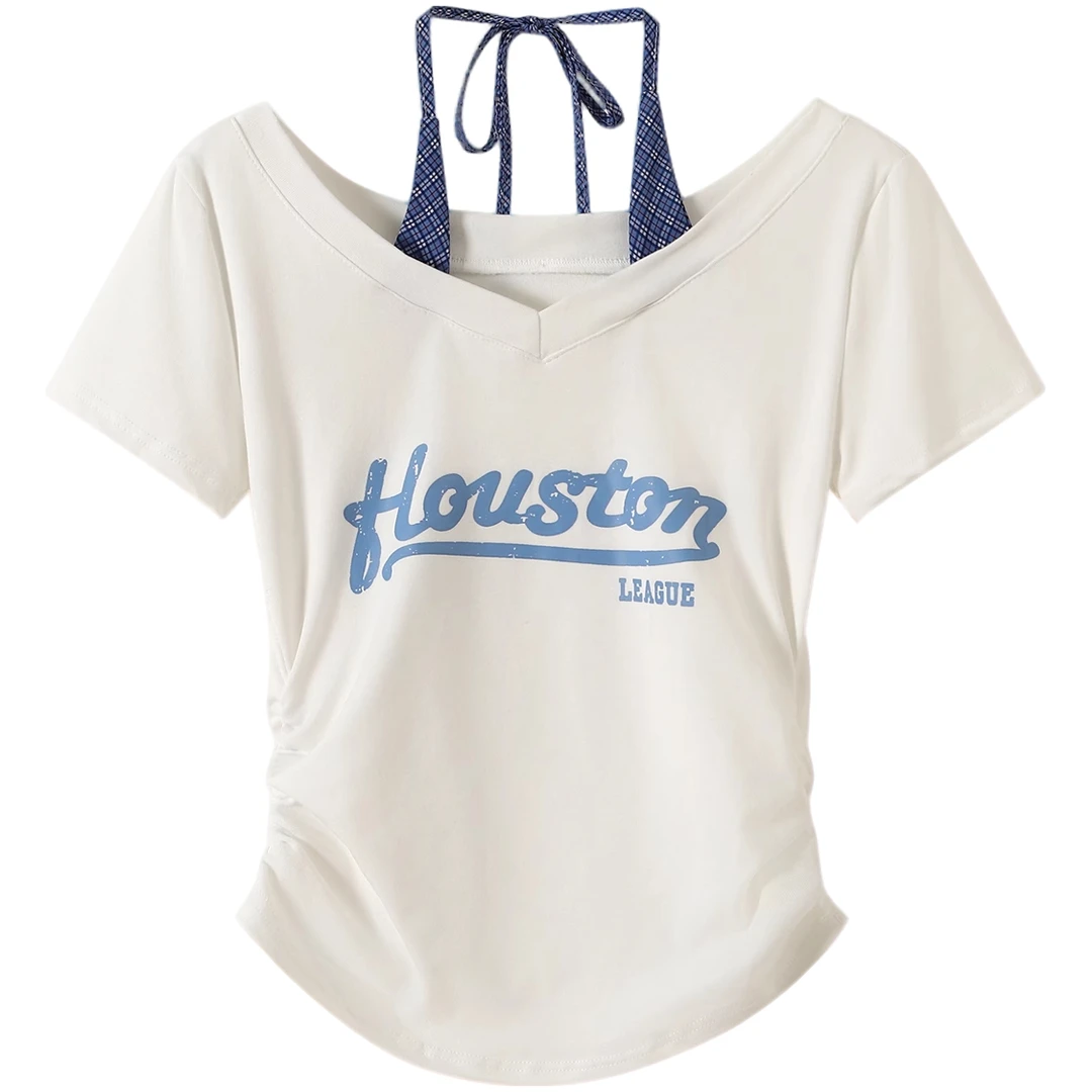 大码复古假两件短袖t恤女夏季辣妹修身格子拼接挂脖上衣