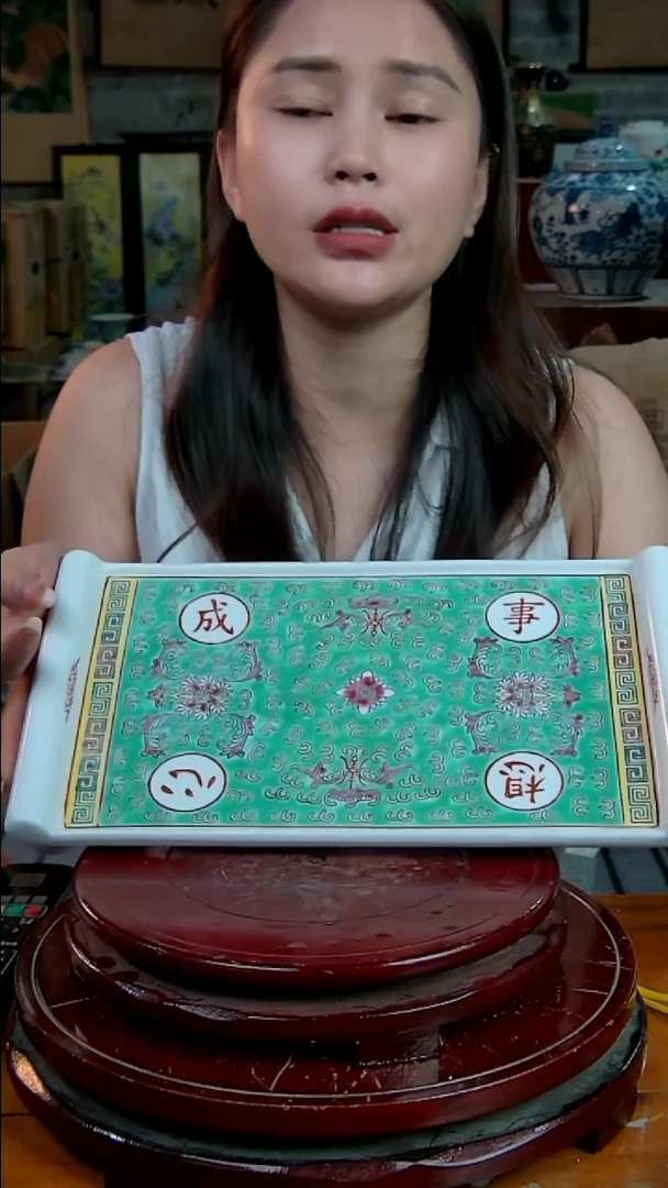 摆件景德镇陶瓷摆件绿色心想事成方茶盘