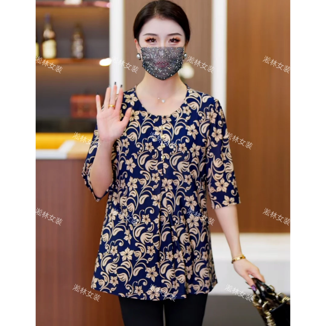 气质女装胖妈妈装显瘦时尚春夏宽松大码小衫洋气休闲百搭樱花圆领