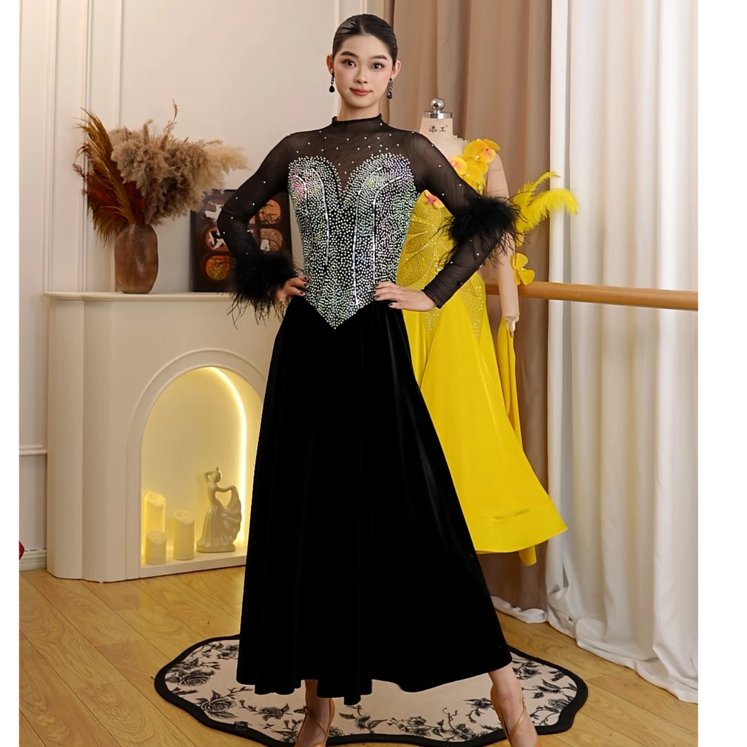 薇拉舞服满钻黑色驼鸟毛摩登国标连体裤LY-0163