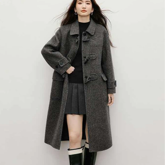 2025冬季款牛角扣双面呢大衣复古风羊毛呢内胆白鸭绒外套