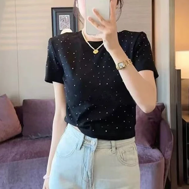 夏季新款简约百搭时尚潮流韩版休闲气质洋气减龄满天星短袖H4361