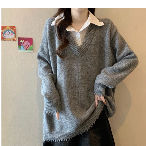 041假两件拼接衬衫领氛围感宽松毛衣秋冬设计休闲显瘦针织衫Z800