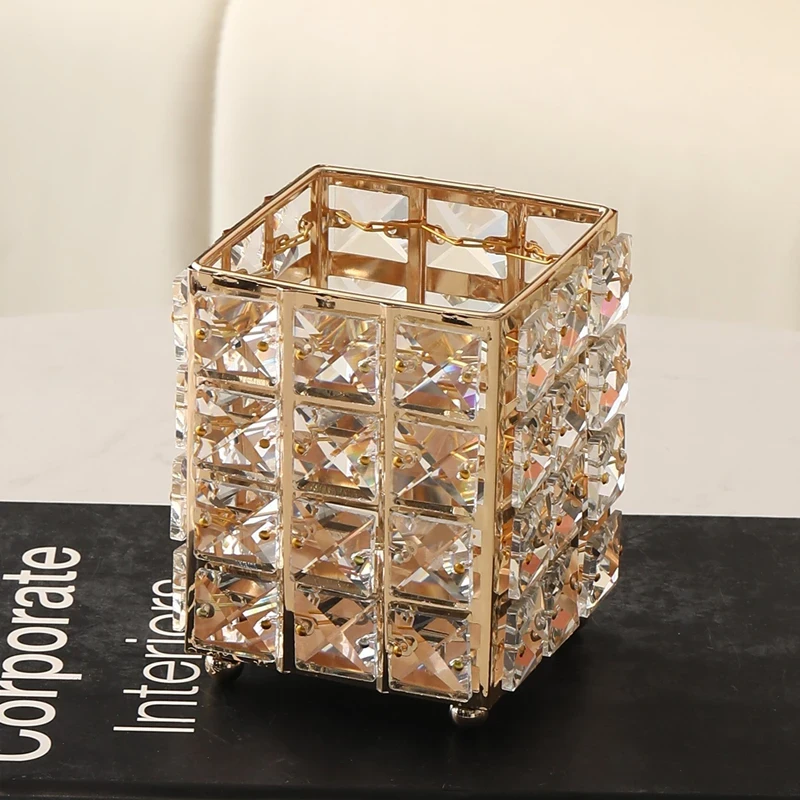 ins北欧方形收纳筒金属桌面网纹收纳水晶玻璃笔筒化妆刷筒