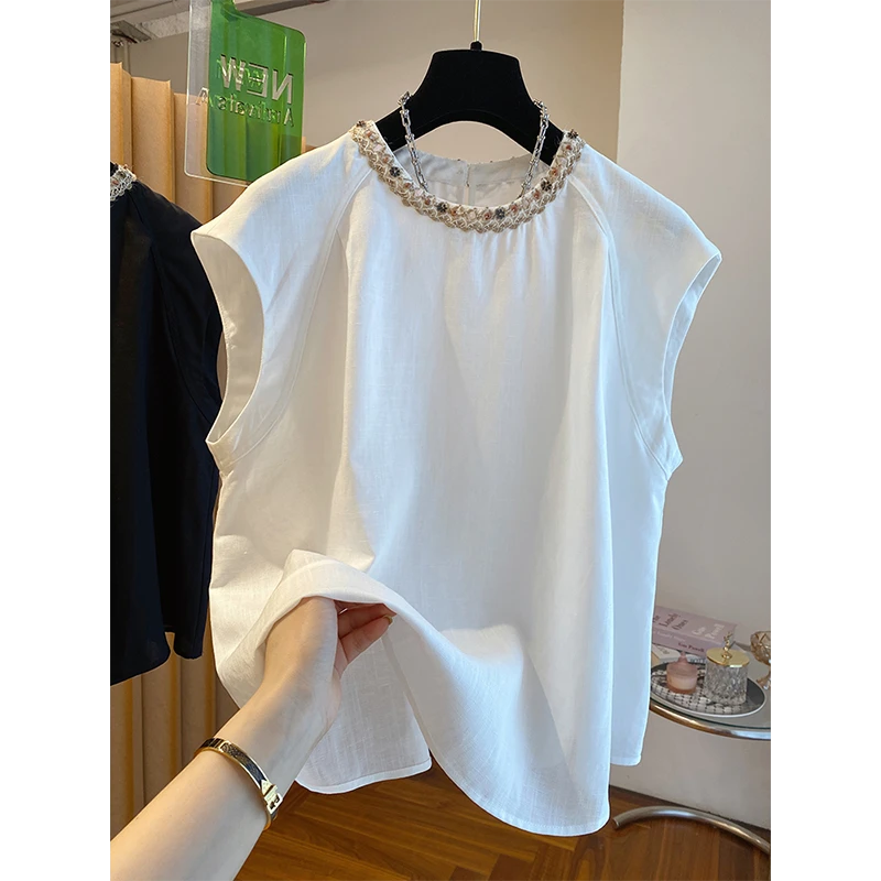 2025夏季新款时尚高端欧货白色潮流款无袖衬衫女宽设计感时尚上衣