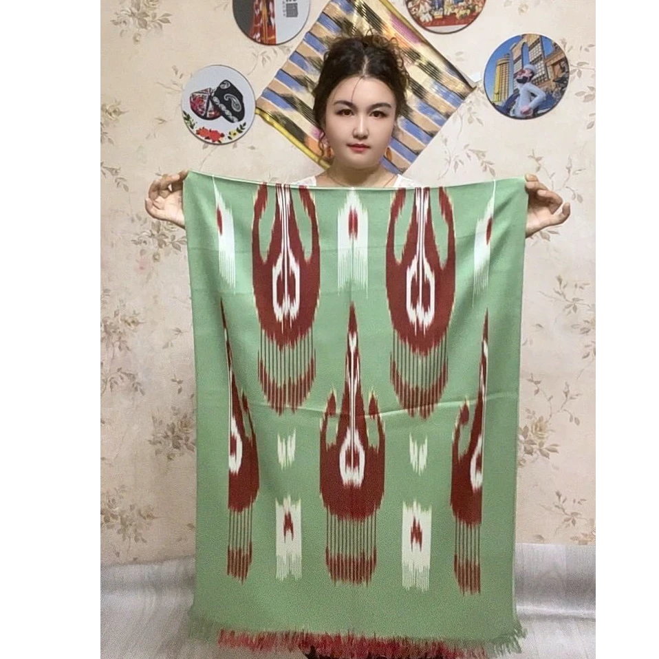 2025新款新疆和田艾德莱斯围巾60x180cm纯棉浅绿色