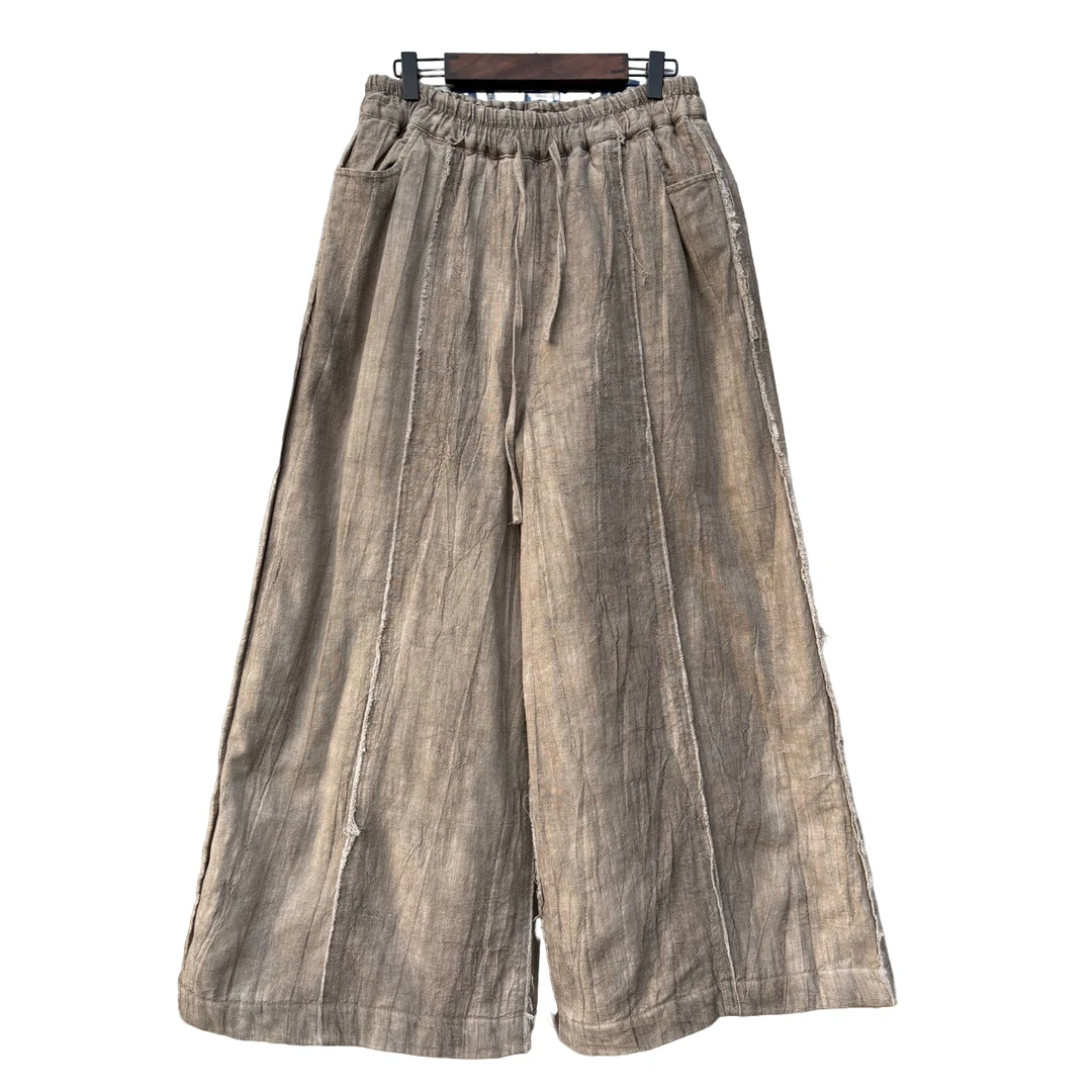 【几念原创】秋冬亚麻夹棉休闲裤松紧腰阔腿裤复古百搭宽松双层8712