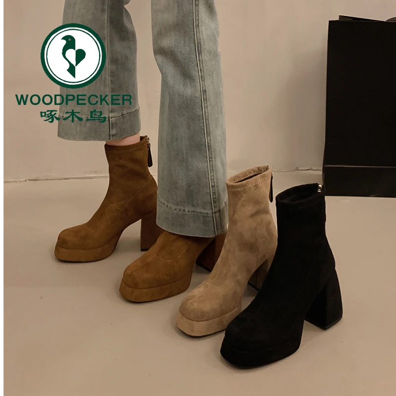 啄木鸟法式瘦瘦靴小裸粗高跟鞋短靴女防水台小个子秋冬季加绒单靴