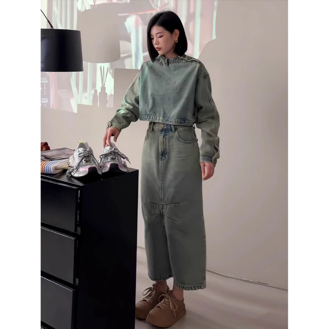 美式复古牛仔套装女秋冬新款辣妹个性炸街长袖上衣+半身裙两件套