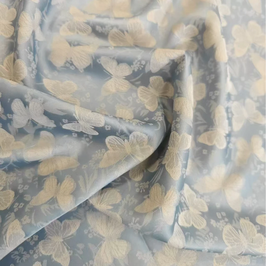 【碎冰蓝蝶】双面双色冰丝缎提花面料新中式布料【JC8645】