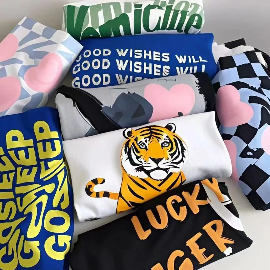 【057~107】纯棉印花三条杠男女款t恤男女2025夏季新款通勤复古上衣