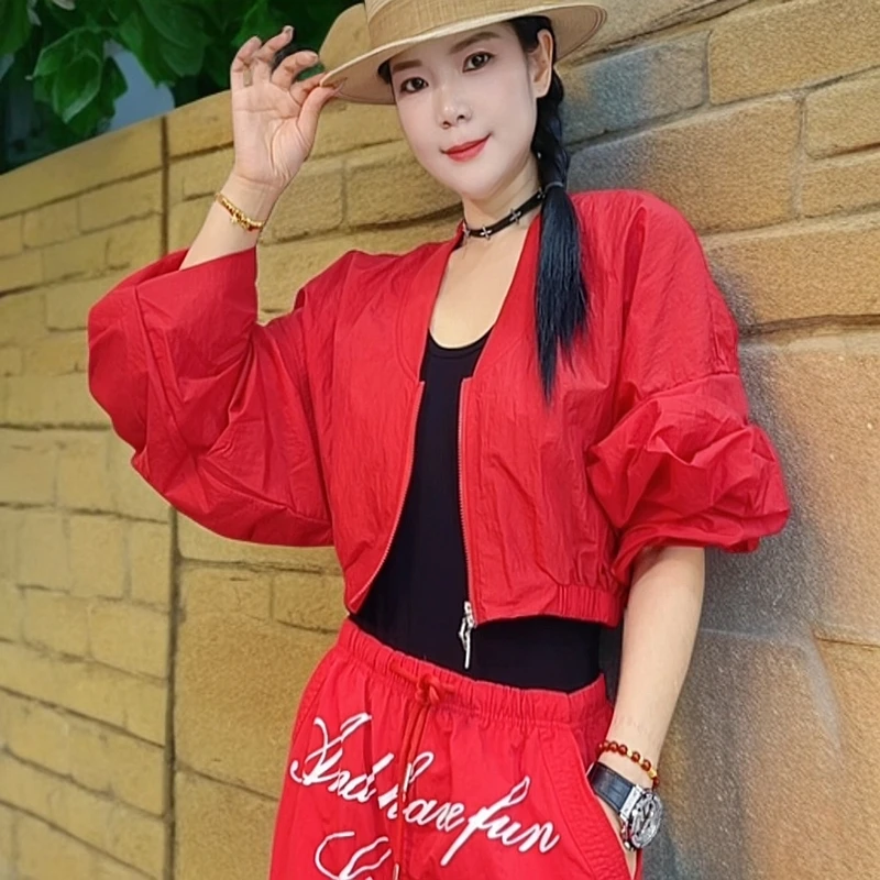 纯色立领宽松型女拉链防晒短外套裙子