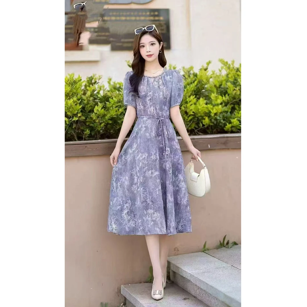 F375碎花连衣裙A字裙夏季长裙V领收腰宽松长袖气质