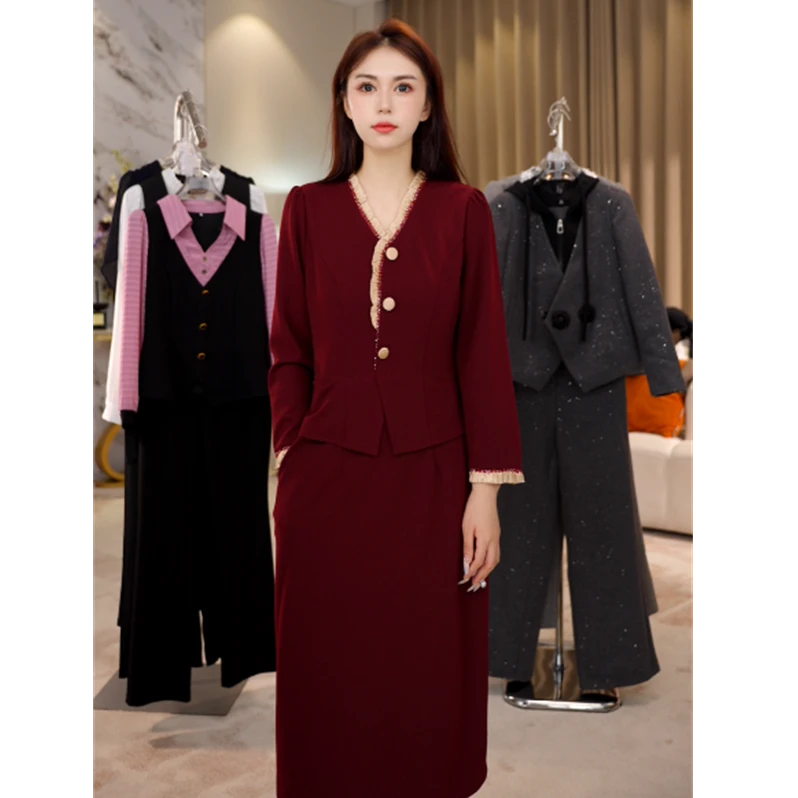 G9209新款2025春秋减龄收腰显瘦女士长袖红色法式假两件连衣裙